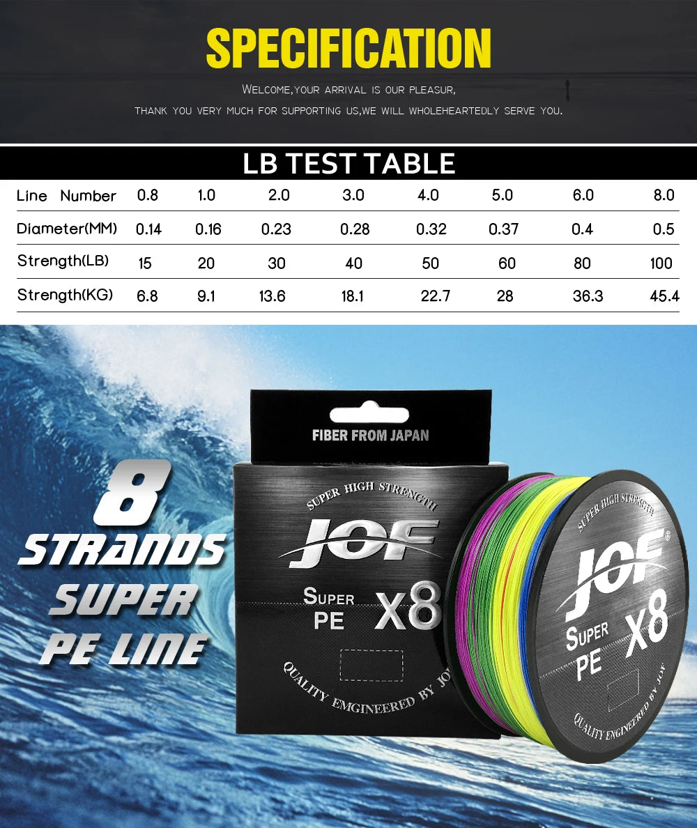 JOF 8 Strands PE Braided Fishing Line 300M 500M 150M 15-100LB
